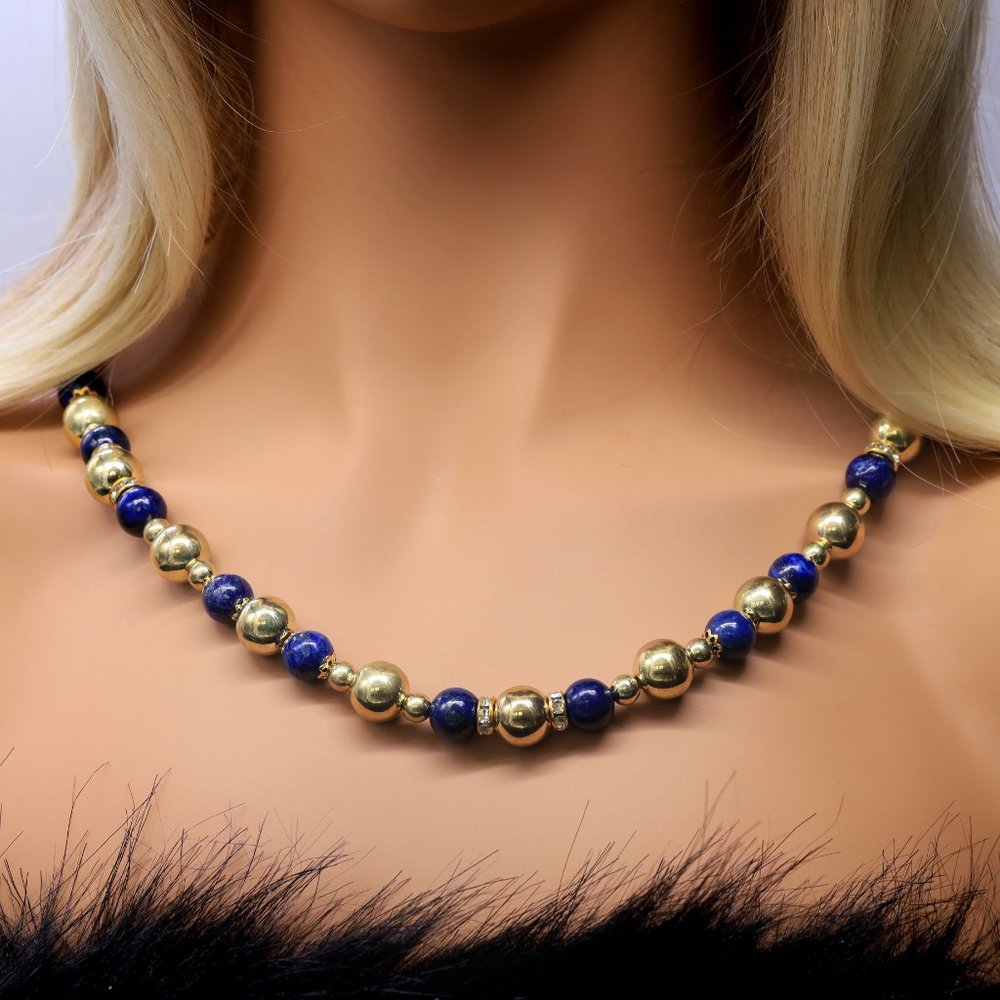 Necklace Lapis Stones Gold Beads. Rhinestone Accents. Lobster Clasp.